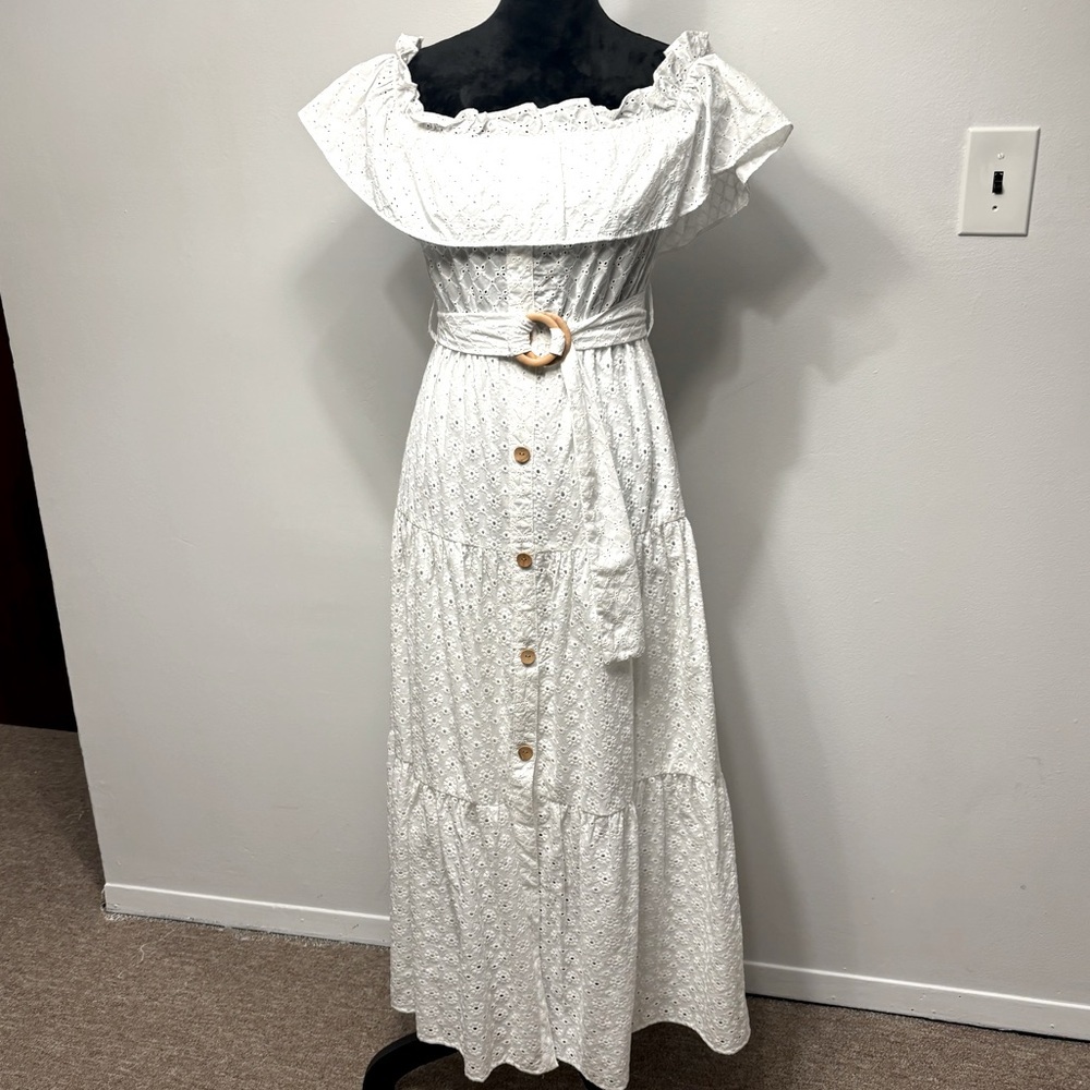 ZARA 💥 NEW W/ TAGS WHITE EYELET MAXI OFF SHOULDER DRESS 👗 🤗🫢